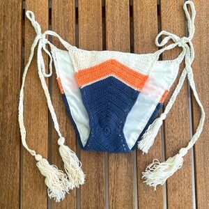 Vitamin A New Crochet Tassle Bikini Bottoms White Blue Peach Small Side Tie